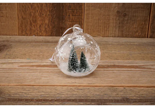 Glass Bauble Tree Decoration with Snow-Covered Tree Figurines