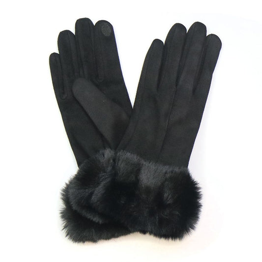 Black Faux Suede Gloves with Faux Fur Wrist Cuff – Stylish Winter Gloves