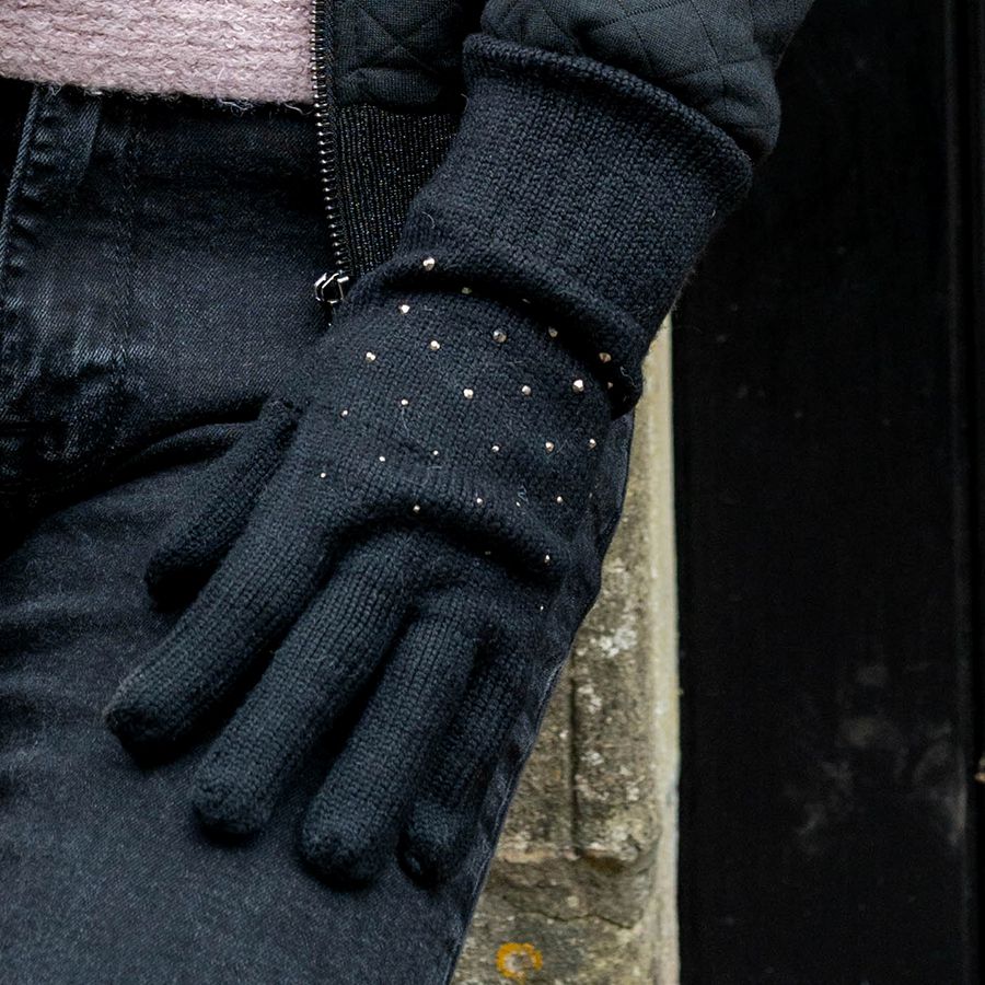 Black Embellished Knit Gloves – Cosy Winter Accessory with Diamante Studs