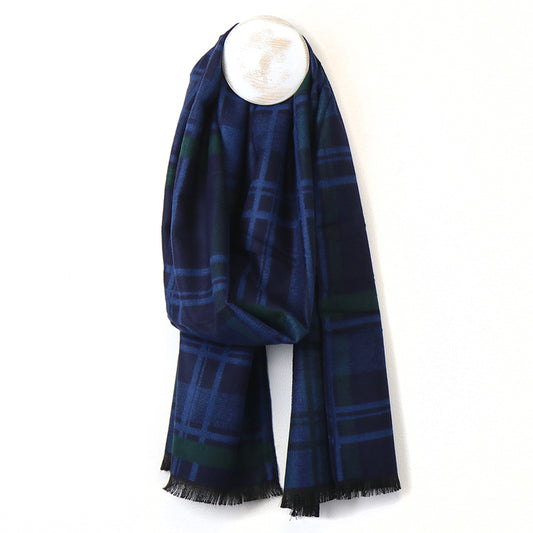 Men's Blue & Green Classic Check Scarf – Soft Viscose Winter Scarf, Timeless Style