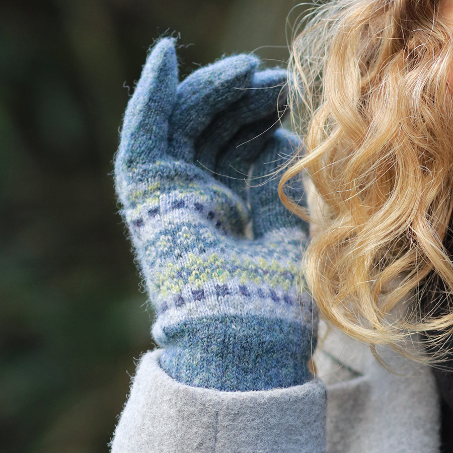 Blue & Sage Fair Isle Gloves – Eco-Friendly Recycled Wool Blend Winter Gloves