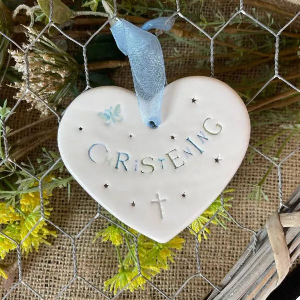 Handmade Hanging Ceramic Heart with Thoughtful Message - Boy Christening