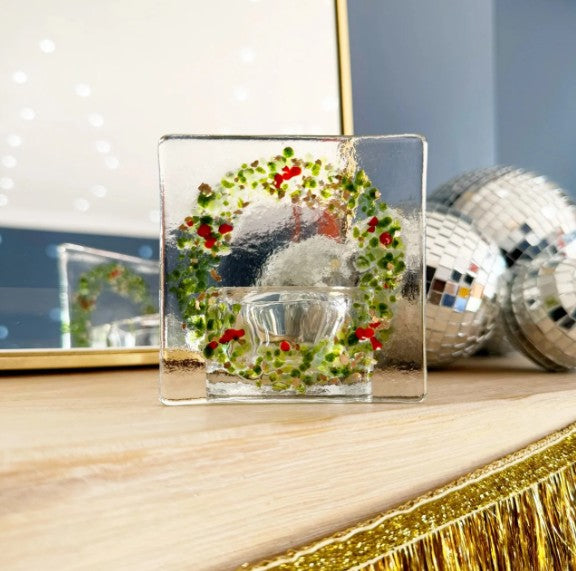 Handmade Fused Glass Christmas Wreath Candle Holder