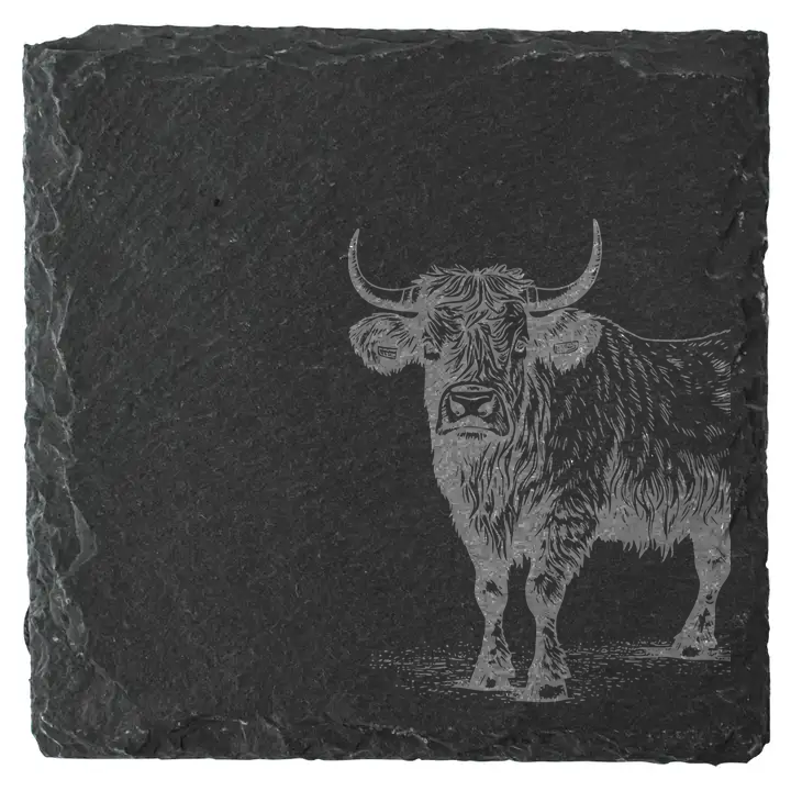 Handcrafted Slate Coasters Set – Custom Engraved Scottish Designs | Highland Cow, Stag, Scottish Terrier, Thistle