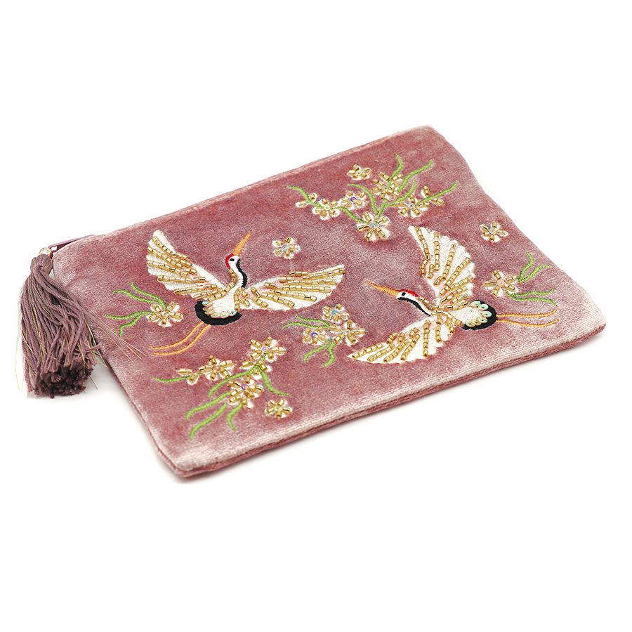 Dusky Pink Velvet Cosmetic Pouch with Embroidered Crane & Floral Design