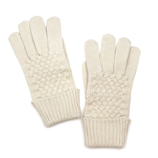 Cream Basketweave Knit Gloves with Ribbed Cuff – Textured Winter Gloves