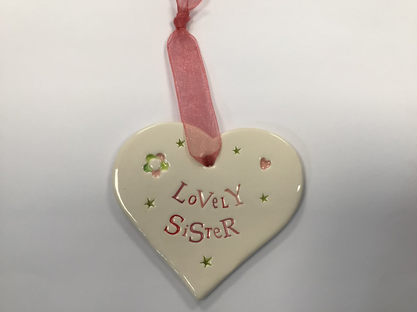 Handmade Hanging Ceramic Heart with Thoughtful Message - Lovely Sister