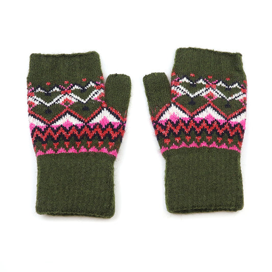 Deep Khaki & Pink Fair Isle Fingerless Wrist Warmers