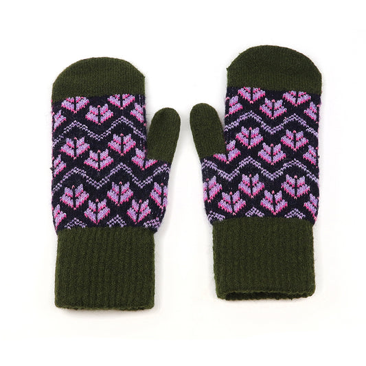 Deep Khaki and Lilac Scandi Knit Mittens