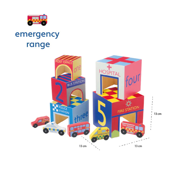 Orange Tree Toys Emergency Services Wooden Stacking Cubes: Eco-Friendly Imaginative Play Set. Available at Sweet P, Burnside, Glasgow