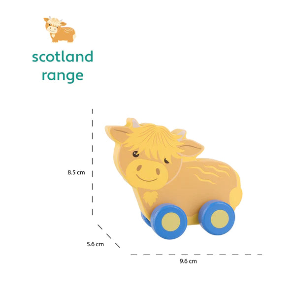 Orange Tree Toys Scottish Highland Cow First Push Toy: Sustainable Wooden Toddler Fun. Available at Sweet P, Burnside, Glasgow