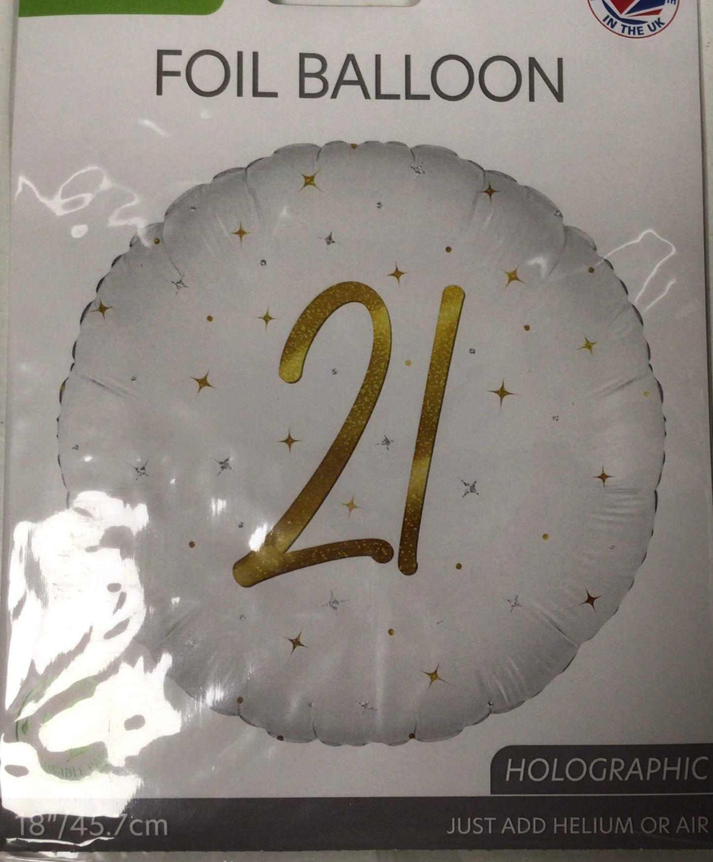 18” white and gold 21st foil round shaped balloon