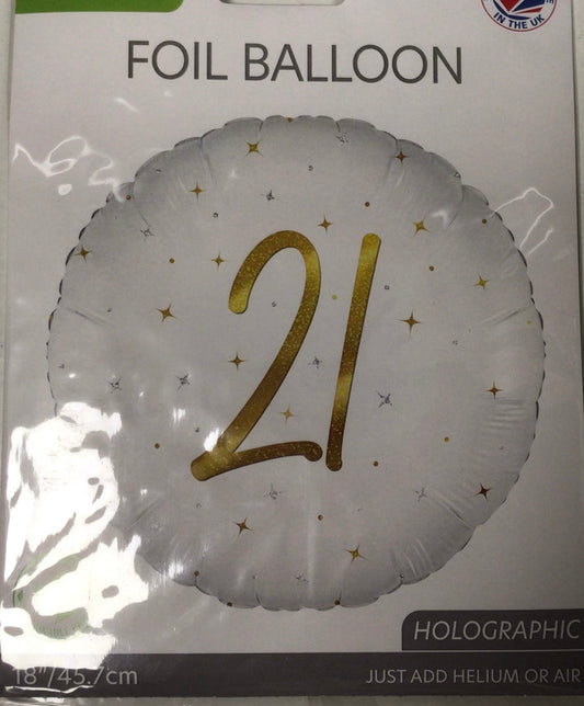 18” white and gold 21st foil round shaped balloon