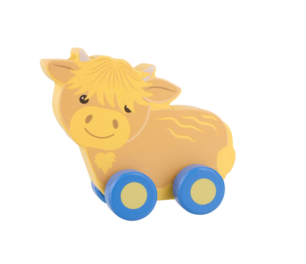 Orange Tree Toys Scottish Highland Cow First Push Toy: Sustainable Wooden Toddler Fun. Available at Sweet P, Burnside, Glasgow