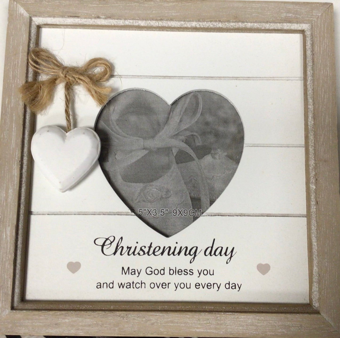 Wooden Christening Photograph frame with a heart shaped aperture