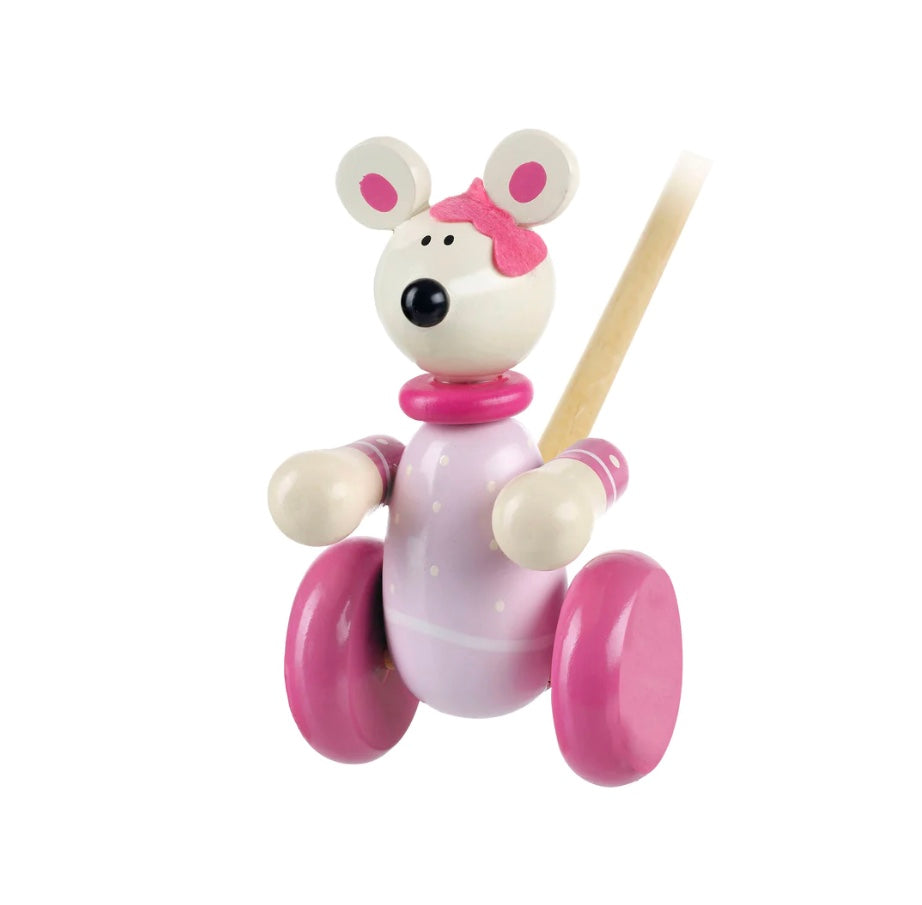 "Orange Tree Toys Pink Mouse Push Along: Sustainable Wooden Toddler Toy. Available at Sweet P, Burnside, Glasgow