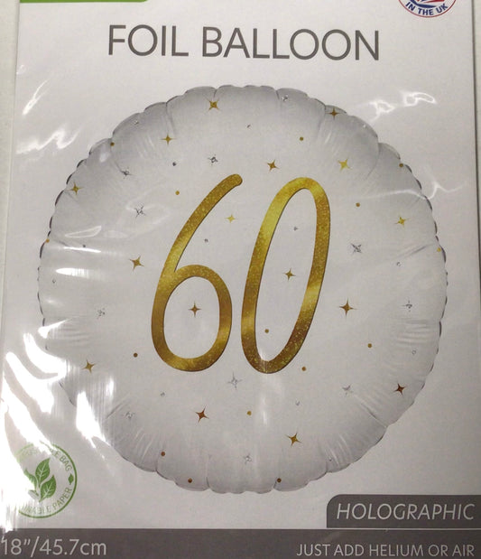 18” white and gold 60th foil round shaped balloon