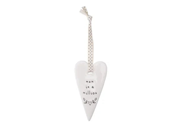 Sentimental Ceramic Heart: 'Mum In A Million' Hanging Décor by Send With Love. Available at Sweet P, Burnside, Glasgow