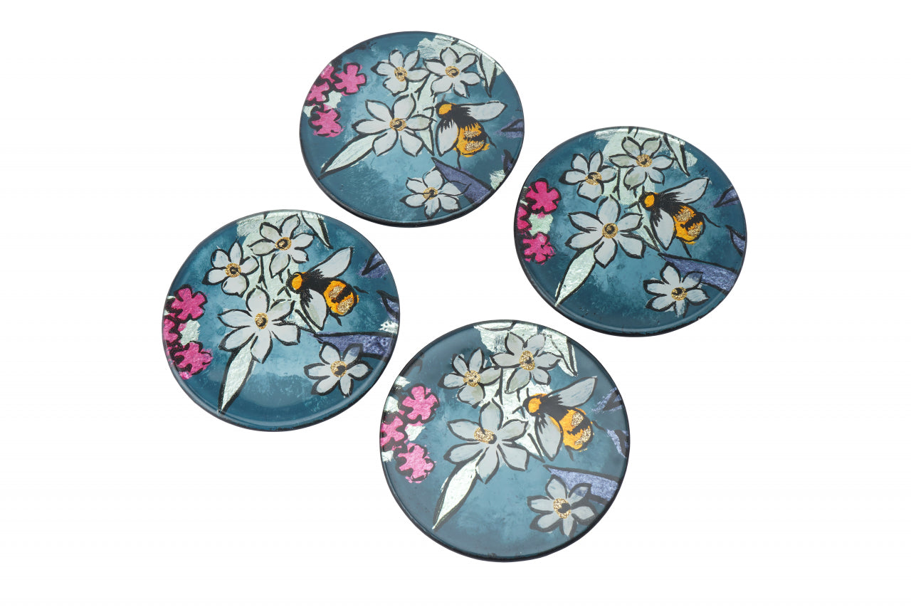 Set of 4 Teal Glass Coasters – Bee & Floral Design