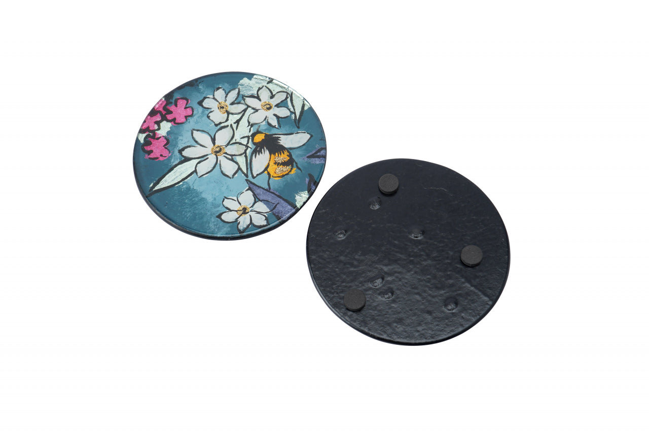Set of 4 Teal Glass Coasters – Bee & Floral Design