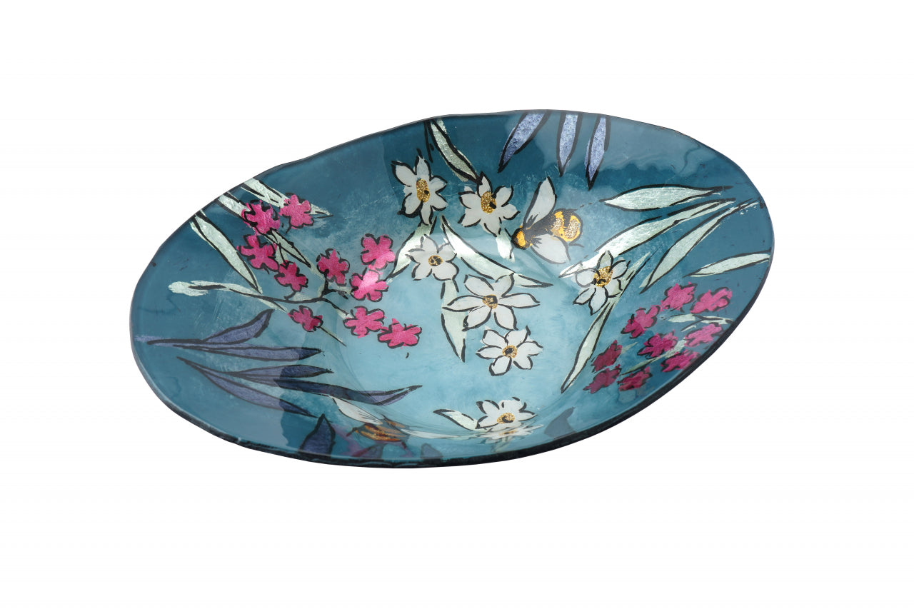 Teal Glass Oval Bowl – Bee & Floral Decorative Bowl