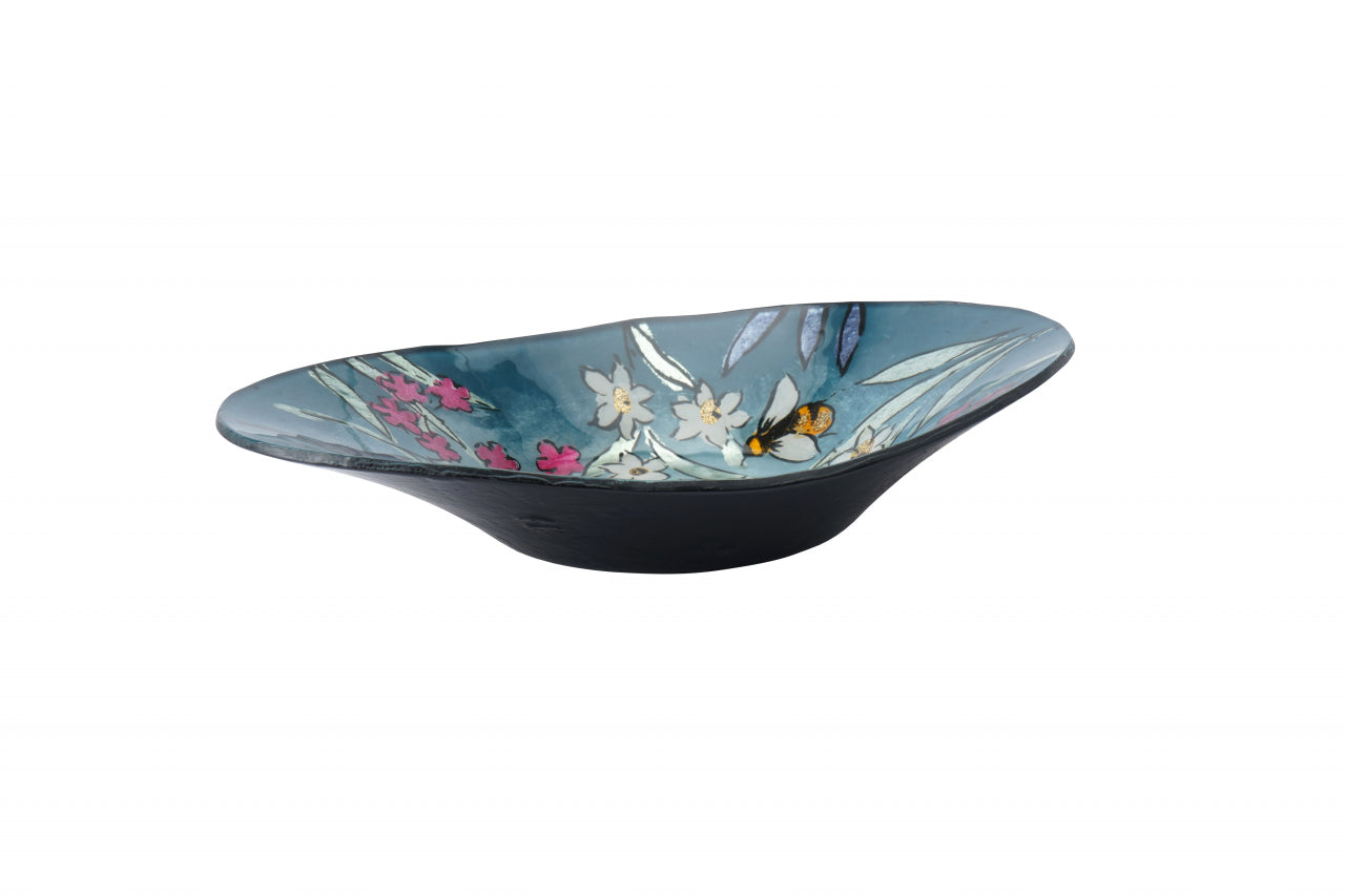 Teal Glass Oval Bowl – Bee & Floral Decorative Bowl