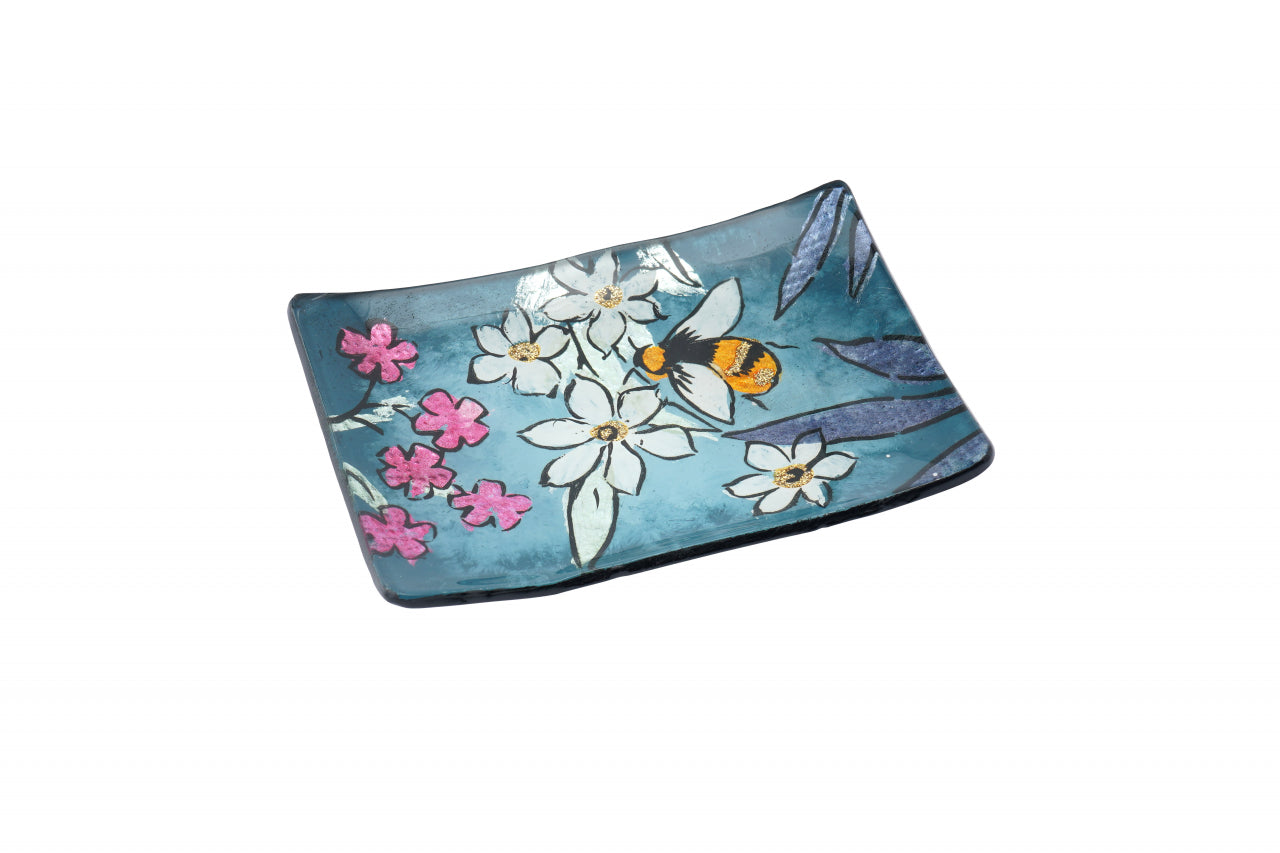 Teal Glass Trinket Dish – Bee & Floral Design