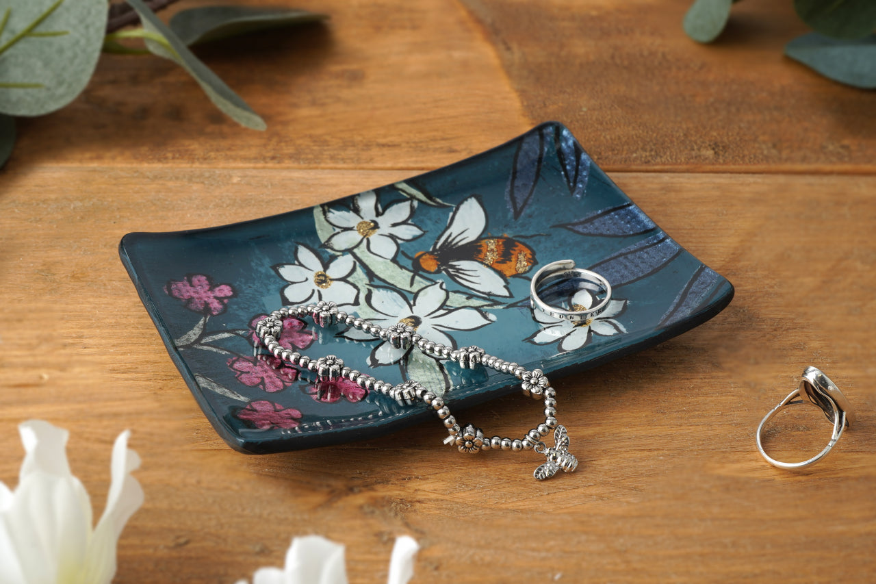 Teal Glass Trinket Dish – Bee & Floral Design