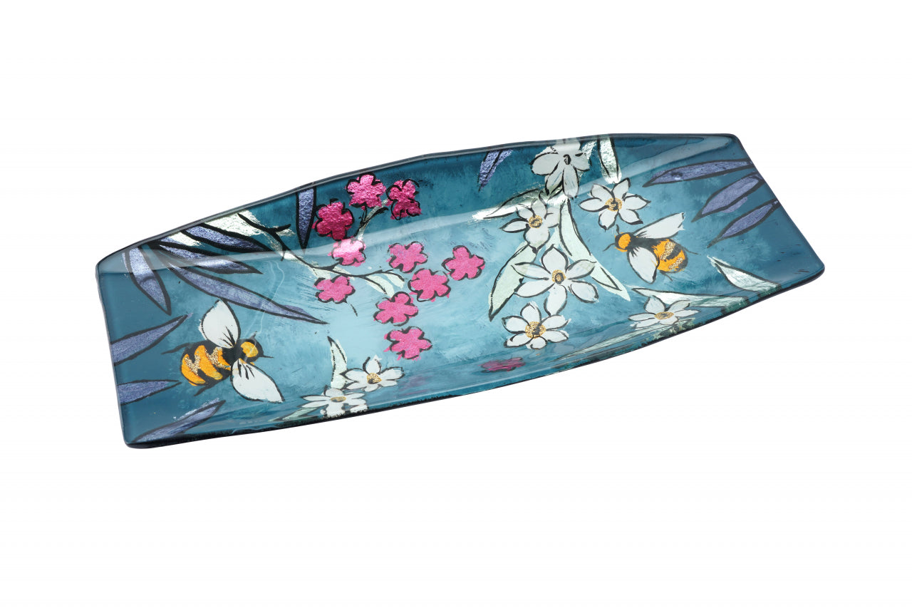 Teal Glass Rectangular Trinket Dish – Bee & Floral Design