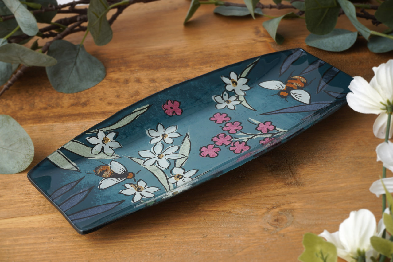 Teal Glass Rectangular Trinket Dish – Bee & Floral Design