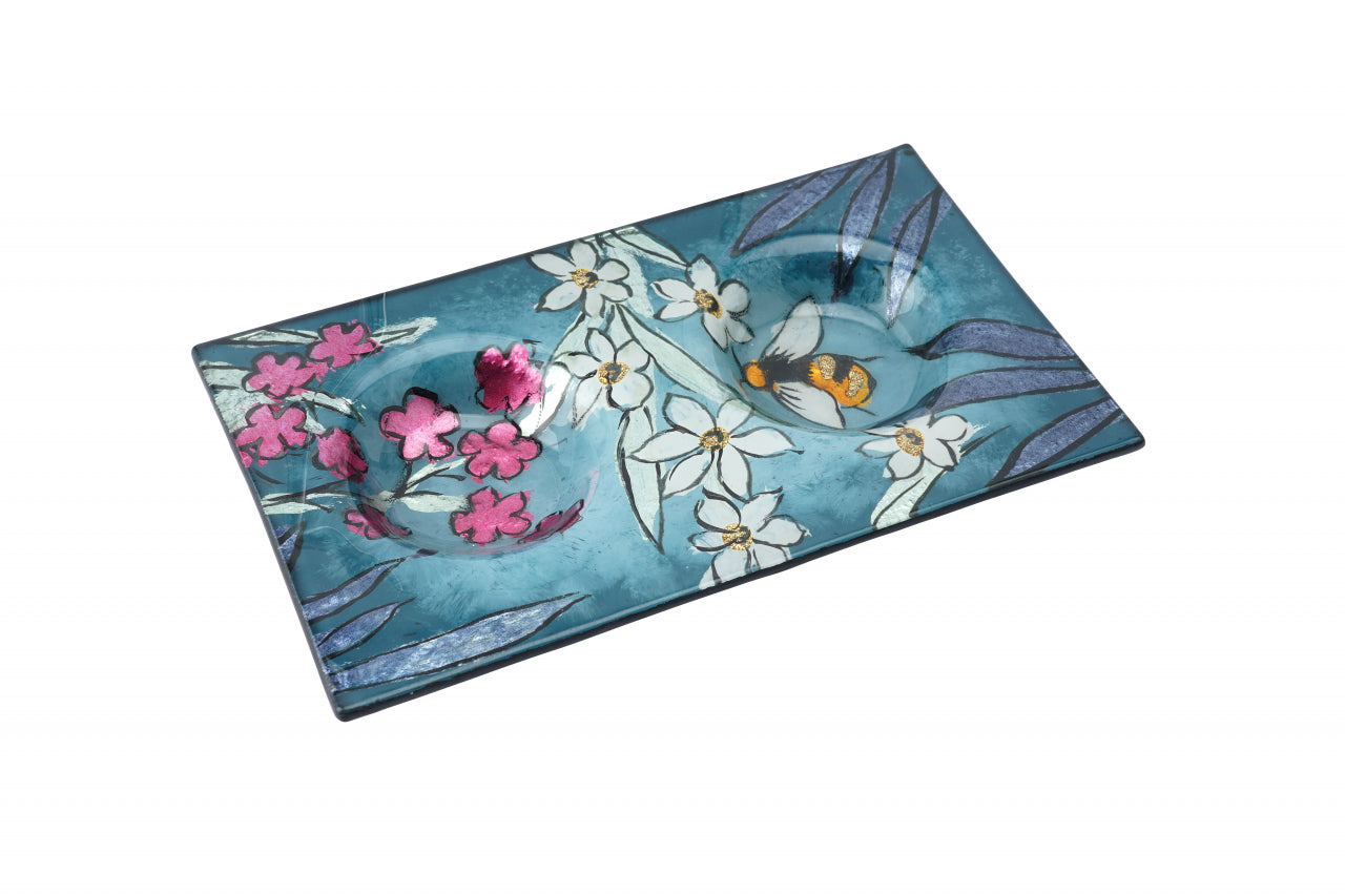 Teal Glass Double Tealight Holder – Bee & Floral Design