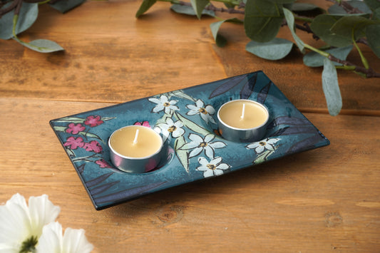Teal Glass Double Tealight Holder – Bee & Floral Design