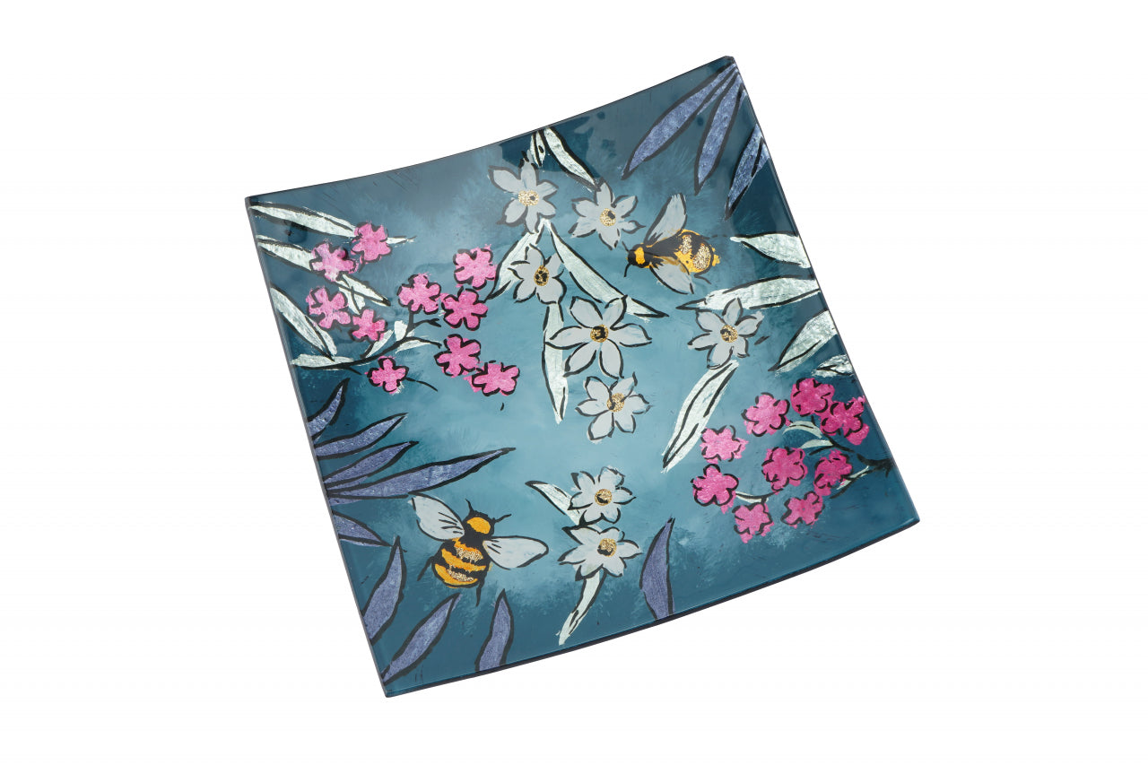 Teal Glass Square Plate – Bee & Floral Decorative Dish
