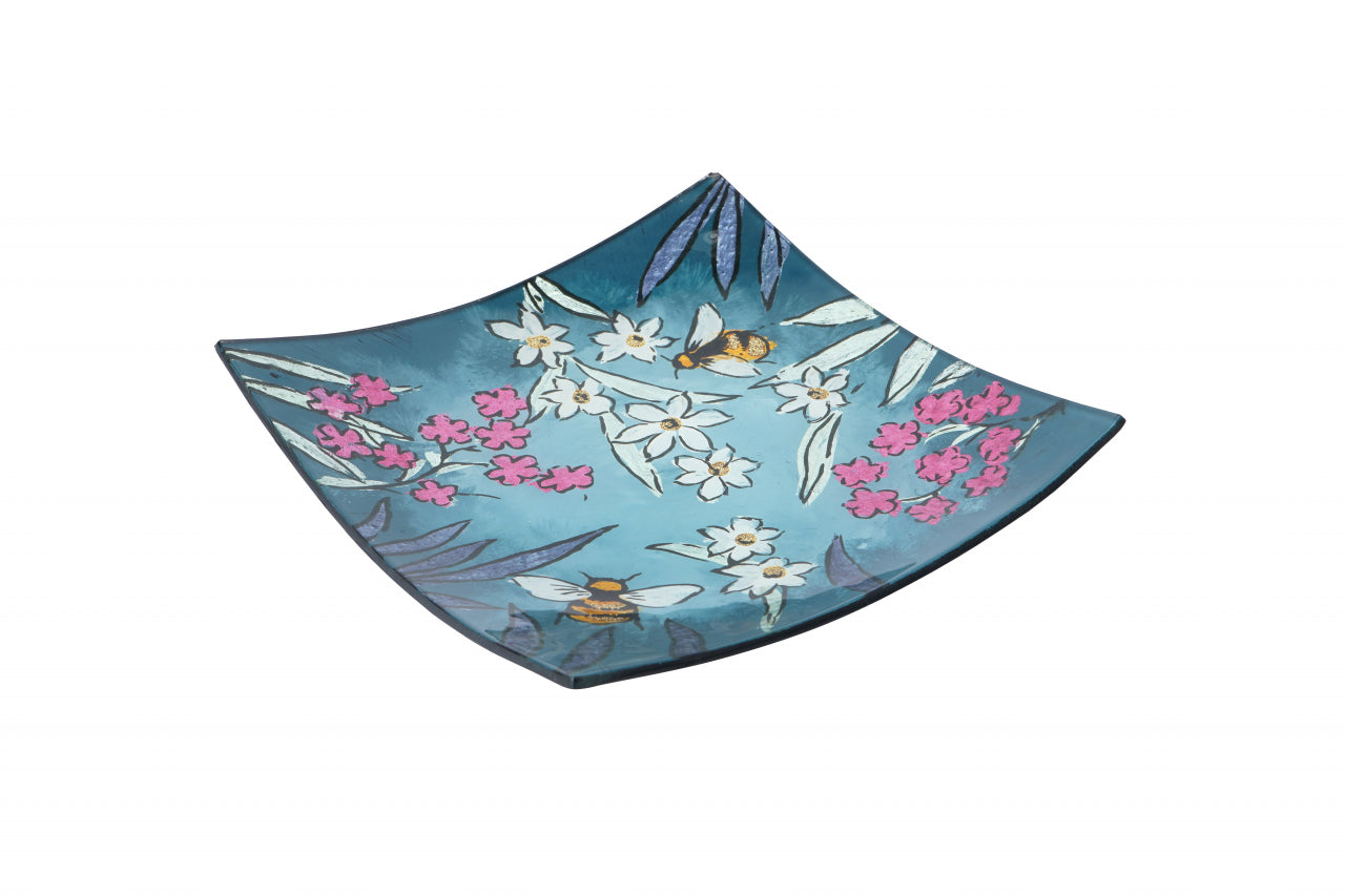 Teal Glass Square Plate – Bee & Floral Decorative Dish