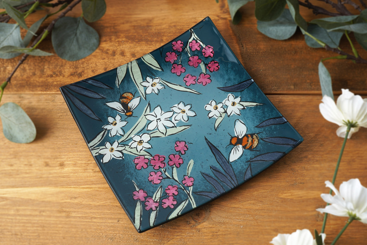 Teal Glass Square Plate – Bee & Floral Decorative Dish