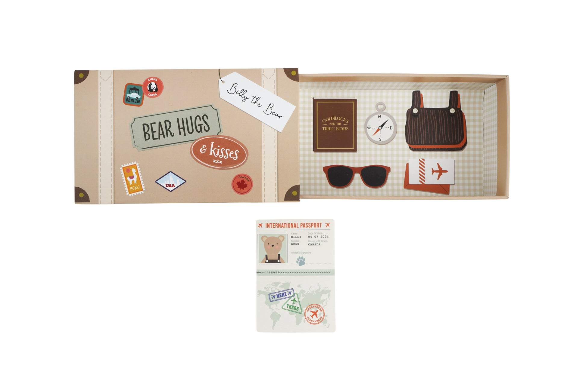 Children's travel-themed playset with suitcase, passport, and stickers on a white background