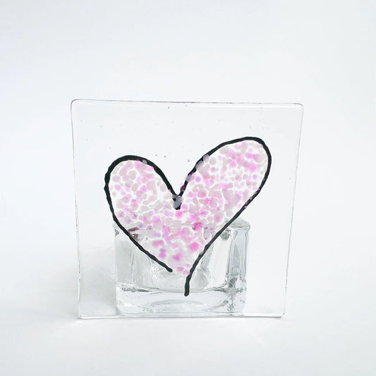 Handmade Fused Glass Pink Heart Candle Holder