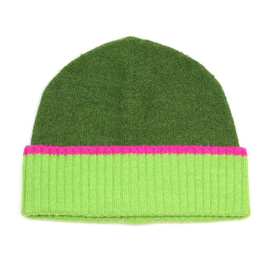 Dark Green Knit Beanie Hat with Pink and Lime Trim – Eco-Friendly Winter Hat