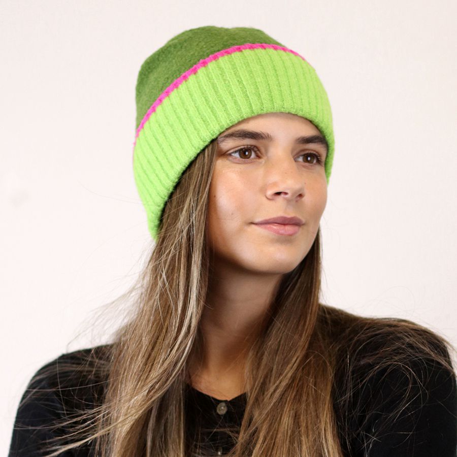 Dark Green Knit Beanie Hat with Pink and Lime Trim – Eco-Friendly Winter Hat