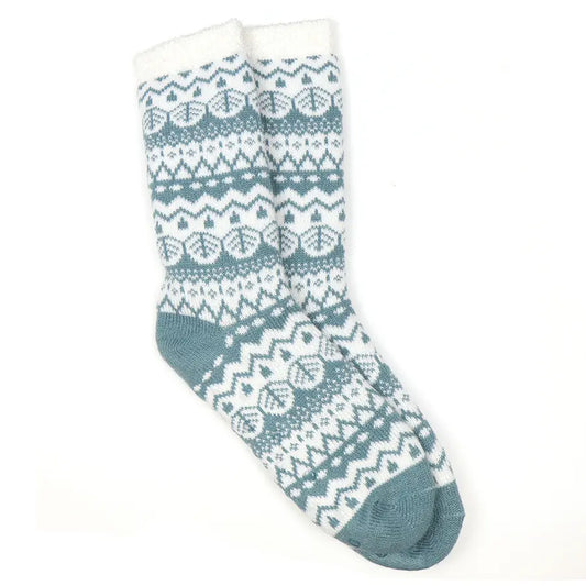 Cosy Green & White Fair Isle Slipper Socks with Fleecy Lining | POM | UK Sizes 4-7