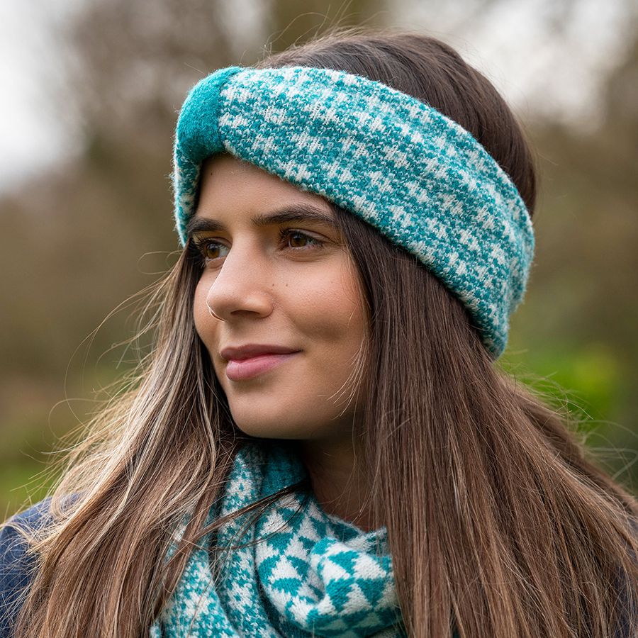 Green Scandi Floral Knit Winter Headband – Eco-Friendly Recycled Blend