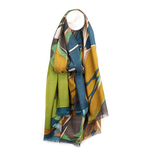 Green & Mustard Splash Print Scarf – Soft Bamboo Viscose, Abstract Design