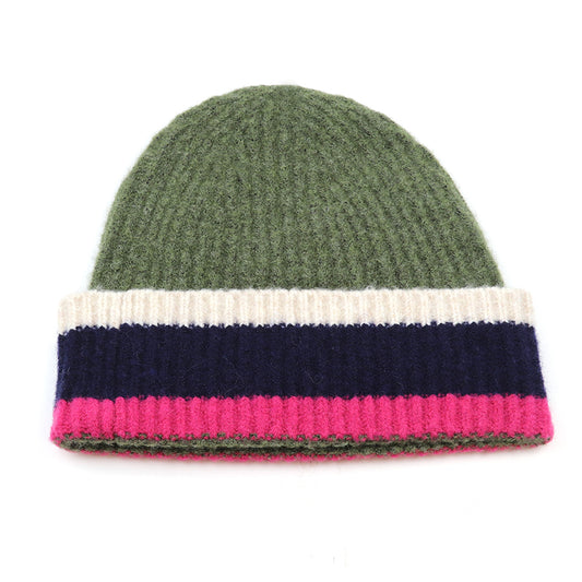 Green & Pink Ribbed Knit Beanie Hat