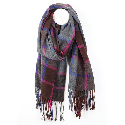 Grey & Purple Check Scarf with Tassel Fringe