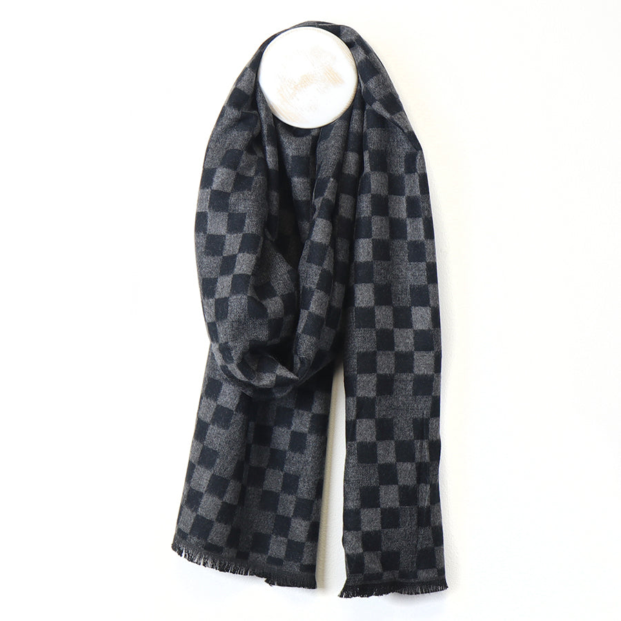 Men's Grey Chequerboard Scarf – Soft Viscose Winter Scarf, Timeless Style