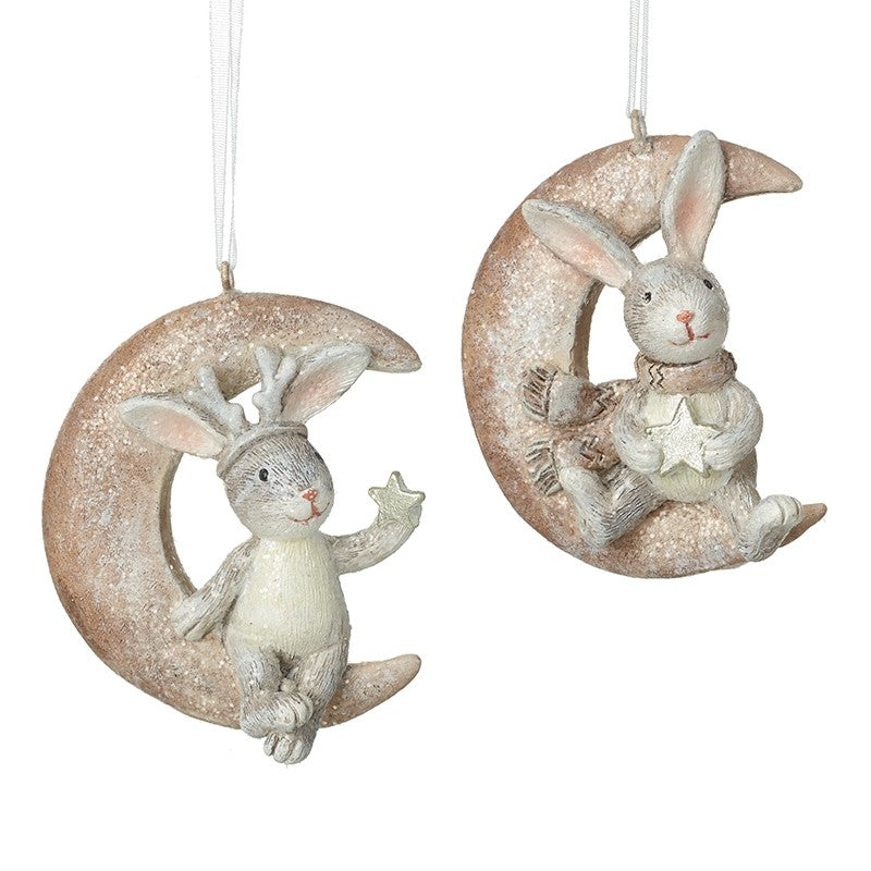 Hanging Bunny In Crescent Moon Christmas Ornament