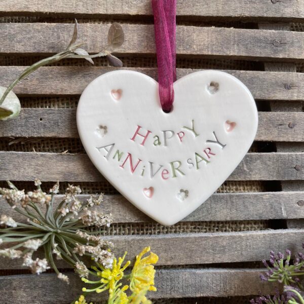 Handmade Hanging Ceramic Heart with Thoughtful Message - Happy Anniversary
