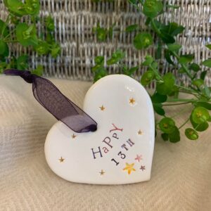 Handmade Hanging Ceramic Heart with Thoughtful Message - Happy 13th Birthday