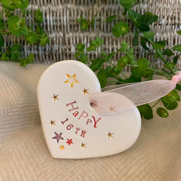 Handmade Hanging Ceramic Heart with Thoughtful Message- Happy 16th Birthday