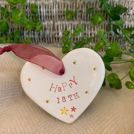 Handmade Hanging Ceramic Heart with Thoughtful Message - 18th Birthday